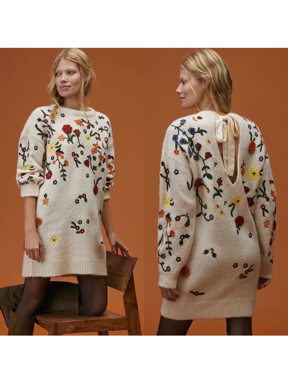 Anthropologie Ivory Floral Appliqué Sweater Boho Tunic Dress XS
